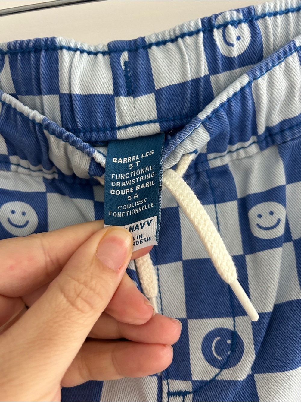 Old Navy Kids 5T Blue Checkerboard Smiley Face Barrel Leg Pants Drawstring NWT - Picture 3 of 4